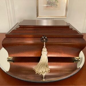 Vintage Bombay Co solid wood velvet lined jewelry box,removable tray,plays music